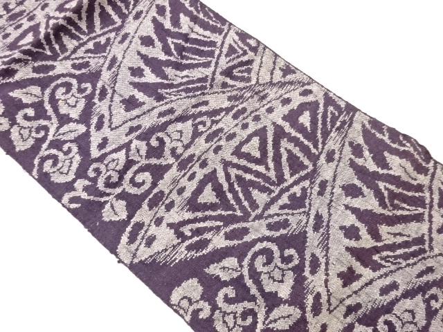 手織り紬変わり扇に幾何学・花唐草模様織出し名古屋帯